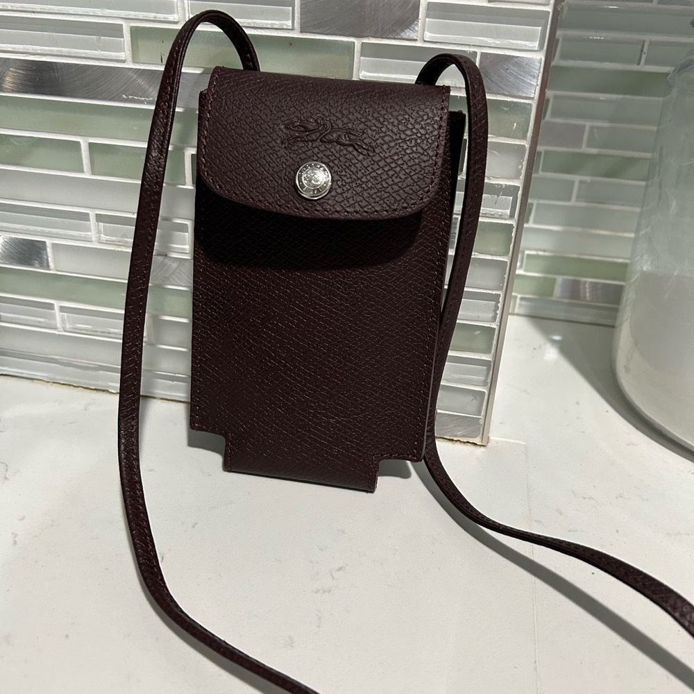Longchamp Deep Brown Leather Smartphone Cross- Holder